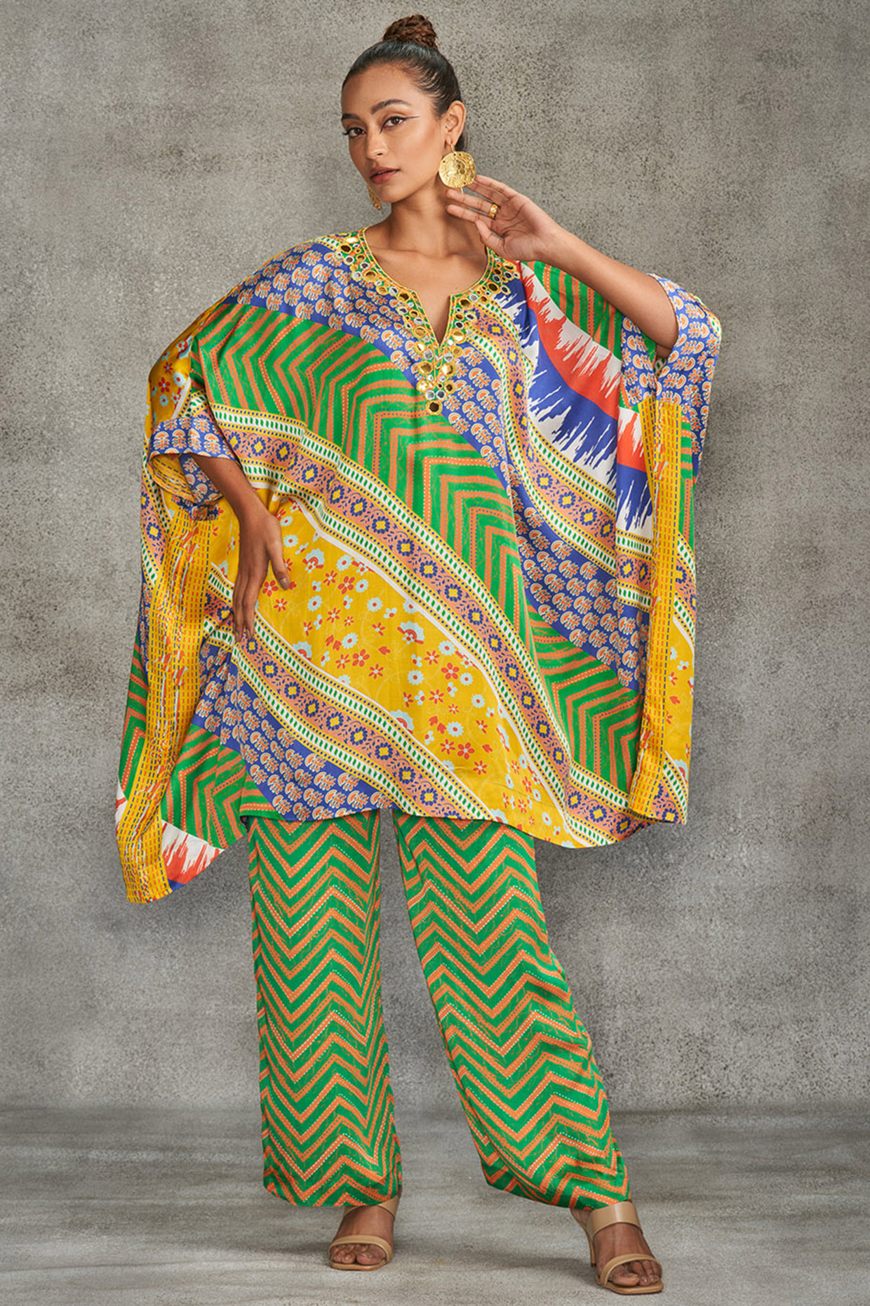 Multi-Colored Modal Satin Printed & Embroidered Kaftan by Gulabo By Abu Sandeep at Pernia's Pop Up Shop