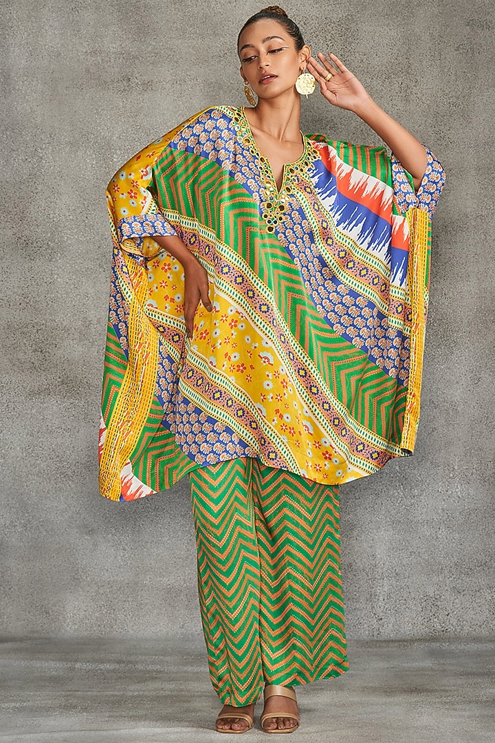Multi-Colored Modal Satin Printed & Embroidered Kaftan by Gulabo By Abu Sandeep at Pernia's Pop Up Shop