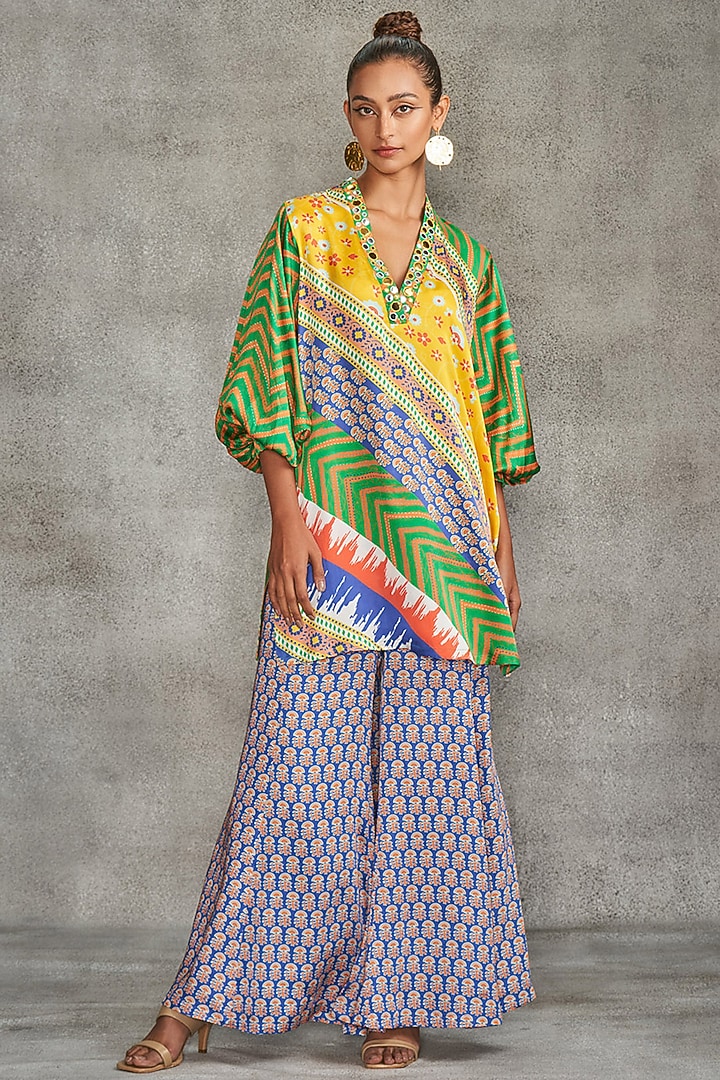 Multi-Colored Modal Satin Printed & Embroidered Short Kurta by Gulabo By Abu Sandeep at Pernia's Pop Up Shop