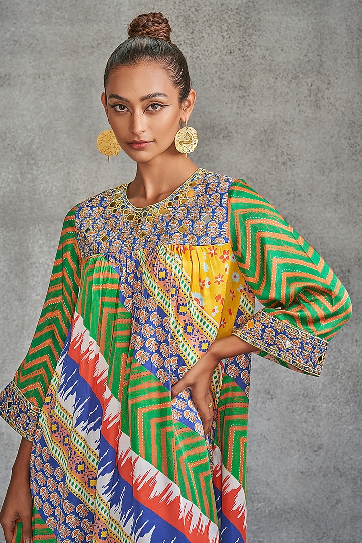 Multi-Colored Modal Stin Printed & Embroidered Tunic by Gulabo By Abu Sandeep at Pernia's Pop Up Shop