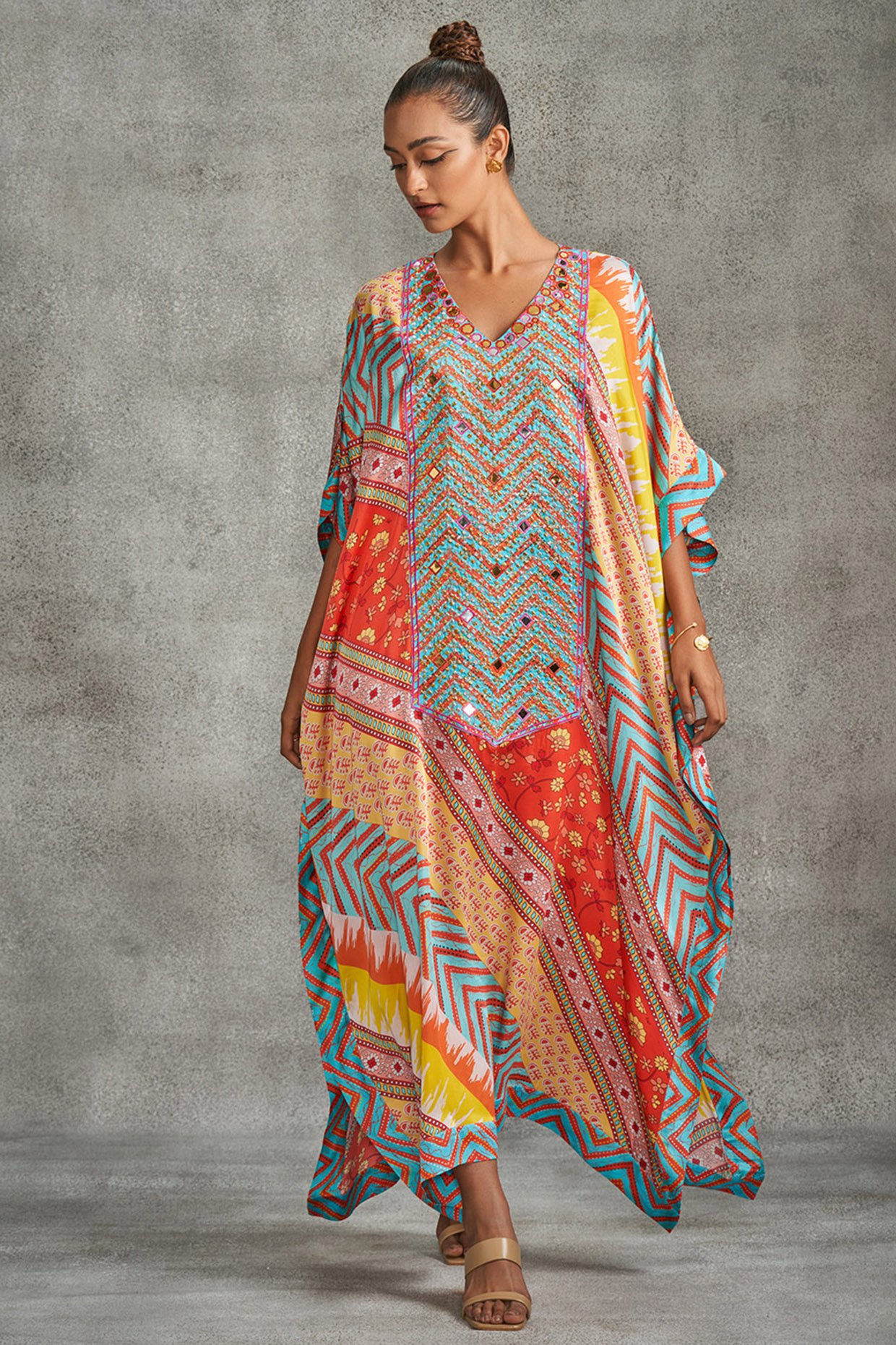 Multi-Colored Modal Satin Printed & Embroidered Kaftan by Gulabo By Abu Sandeep at Pernia's Pop Up Shop