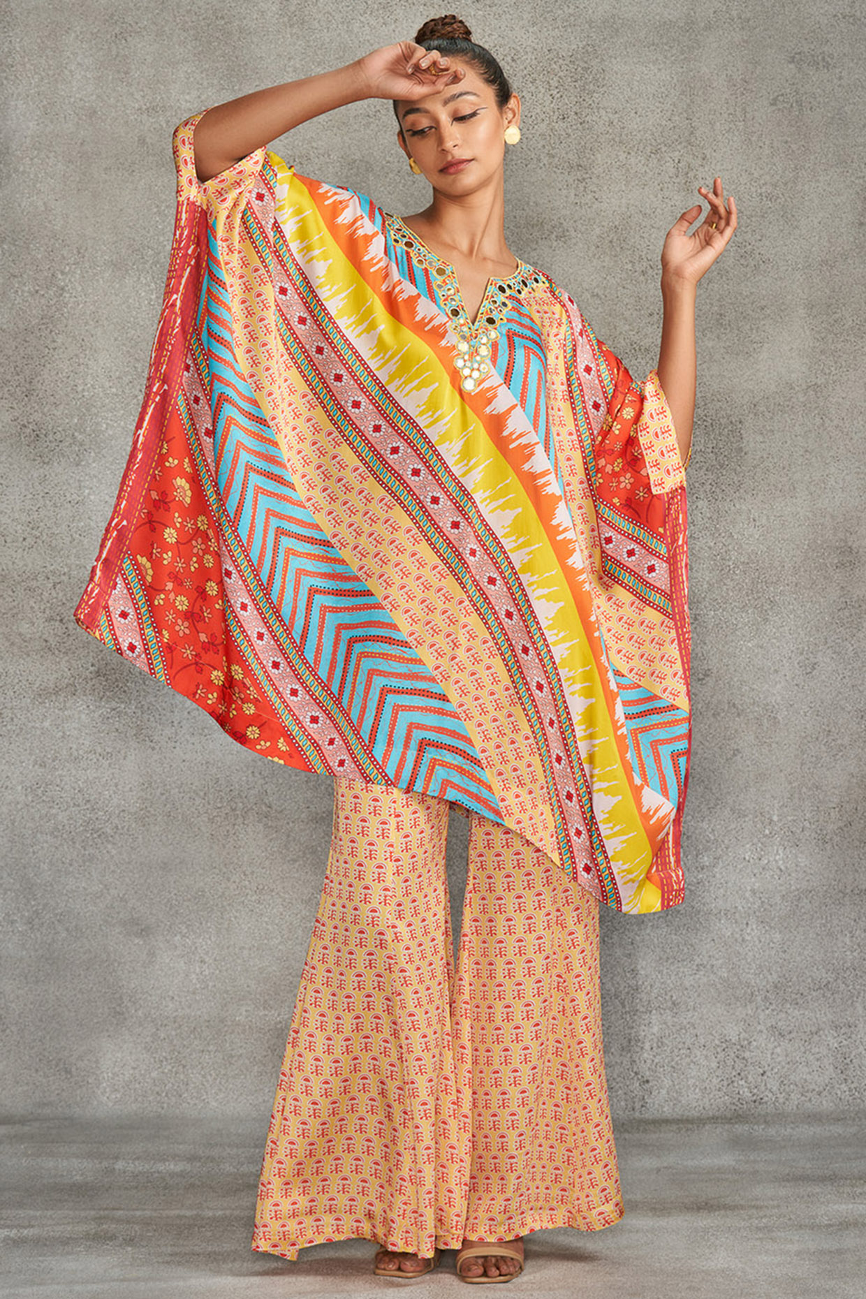 Multi-Colored Modal Satin Printed & Embroidered Kaftan by Gulabo By Abu Sandeep at Pernia's Pop Up Shop