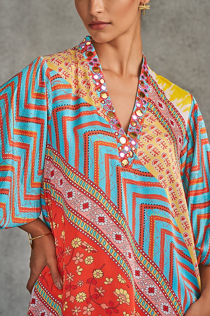 Multi-Colored Modal Satin Printed & Embroidered Short Kurta by Gulabo By Abu Sandeep at Pernia's Pop Up Shop