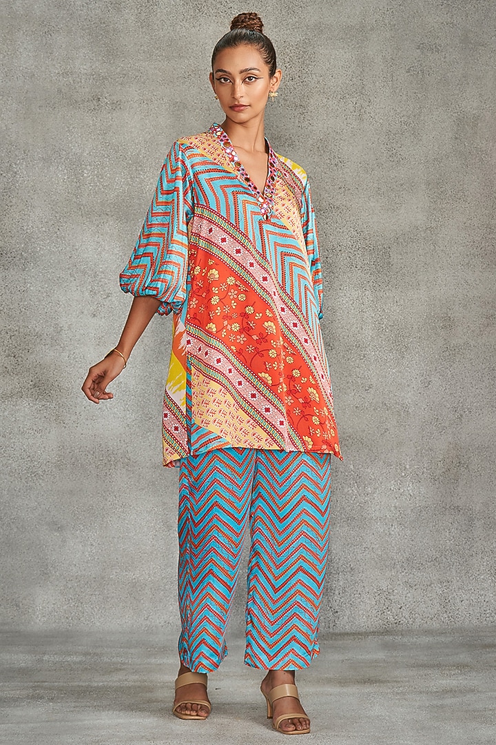 Multi-Colored Modal Satin Printed & Embroidered Short Kurta by Gulabo By Abu Sandeep at Pernia's Pop Up Shop