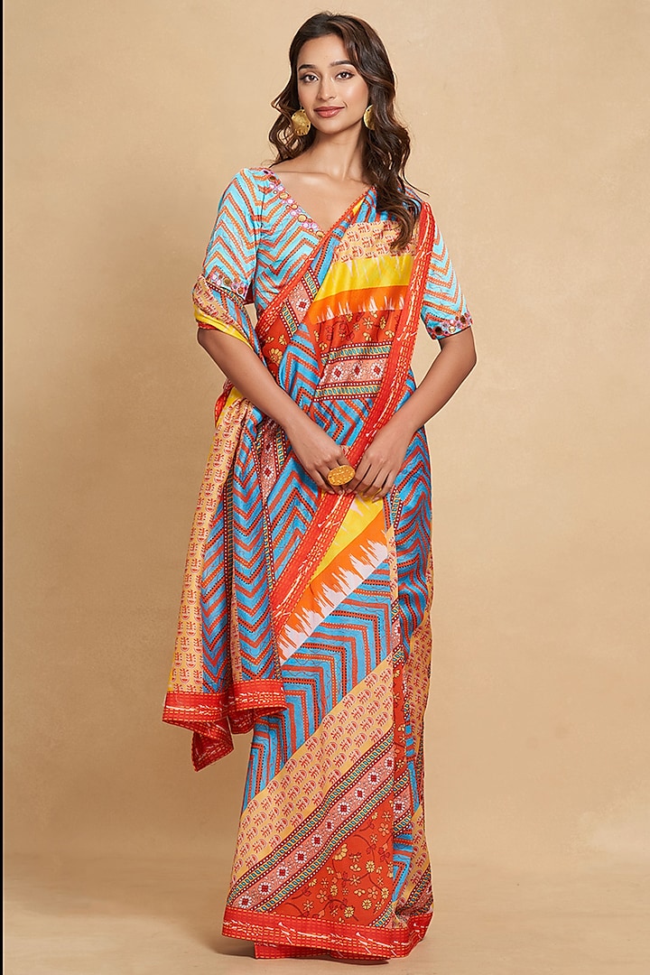 Multi-Colored Chanderi Digital Printed Saree by Gulabo By Abu Sandeep at Pernia's Pop Up Shop
