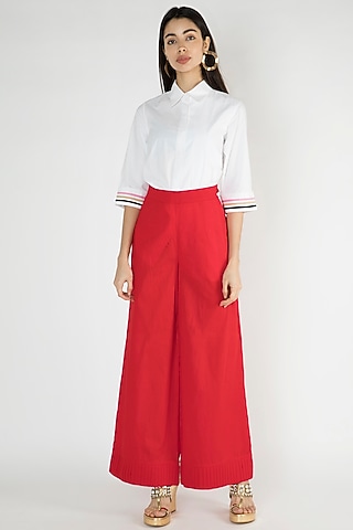 Bright Red Woven Palazzo Pants by Gulabo By Abu Sandeep