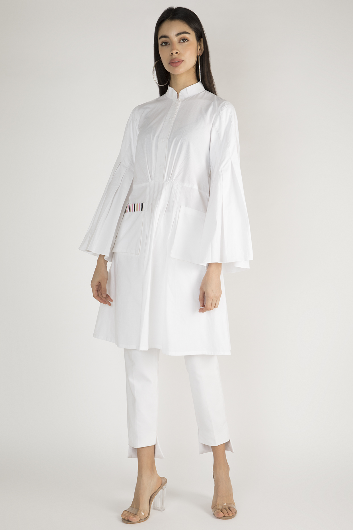 White Chinese Collared Pleated Tunic by Gulabo By Abu Sandeep at Pernia's Pop Up Shop