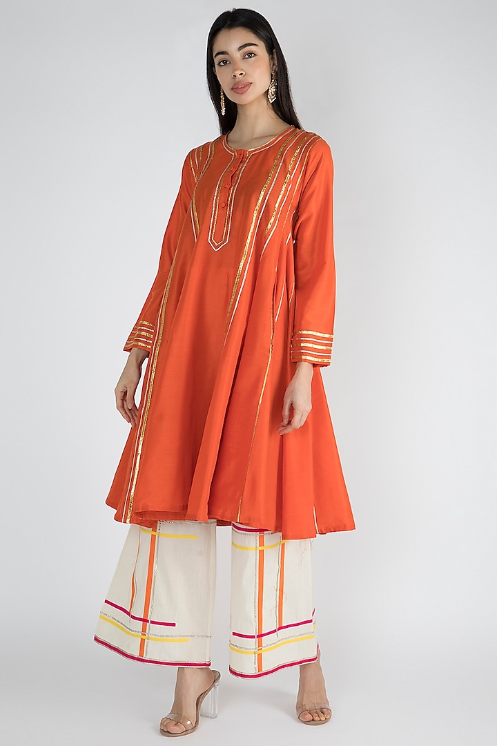 Bright Orange Silk Embroidered Kurta by Gulabo By Abu Sandeep
