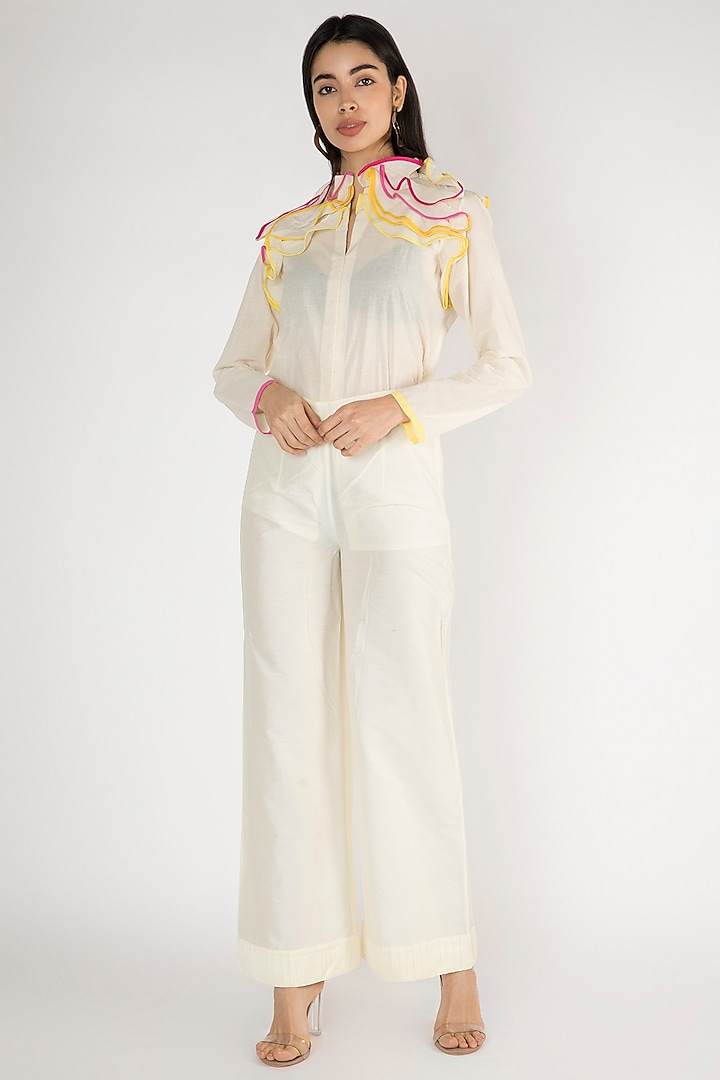 Off White Pleated Detailed Palazzo Pants by Gulabo By Abu Sandeep