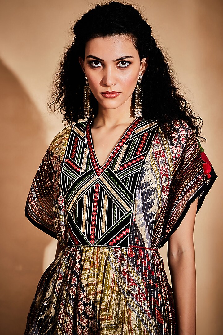 Multi-Colored Printed & Embroidered Short Kaftan by Gulabo By Abu Sandeep at Pernia's Pop Up Shop