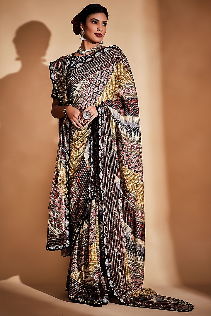 Multi-Colored Printed & Embroidered Scalloped Saree by Gulabo By Abu Sandeep