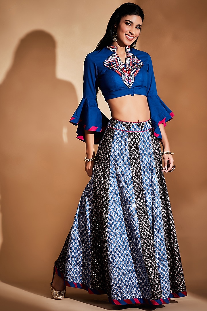 Cobalt Blue & Black Cotton Kalidar Skirt Set by Gulabo By Abu Sandeep