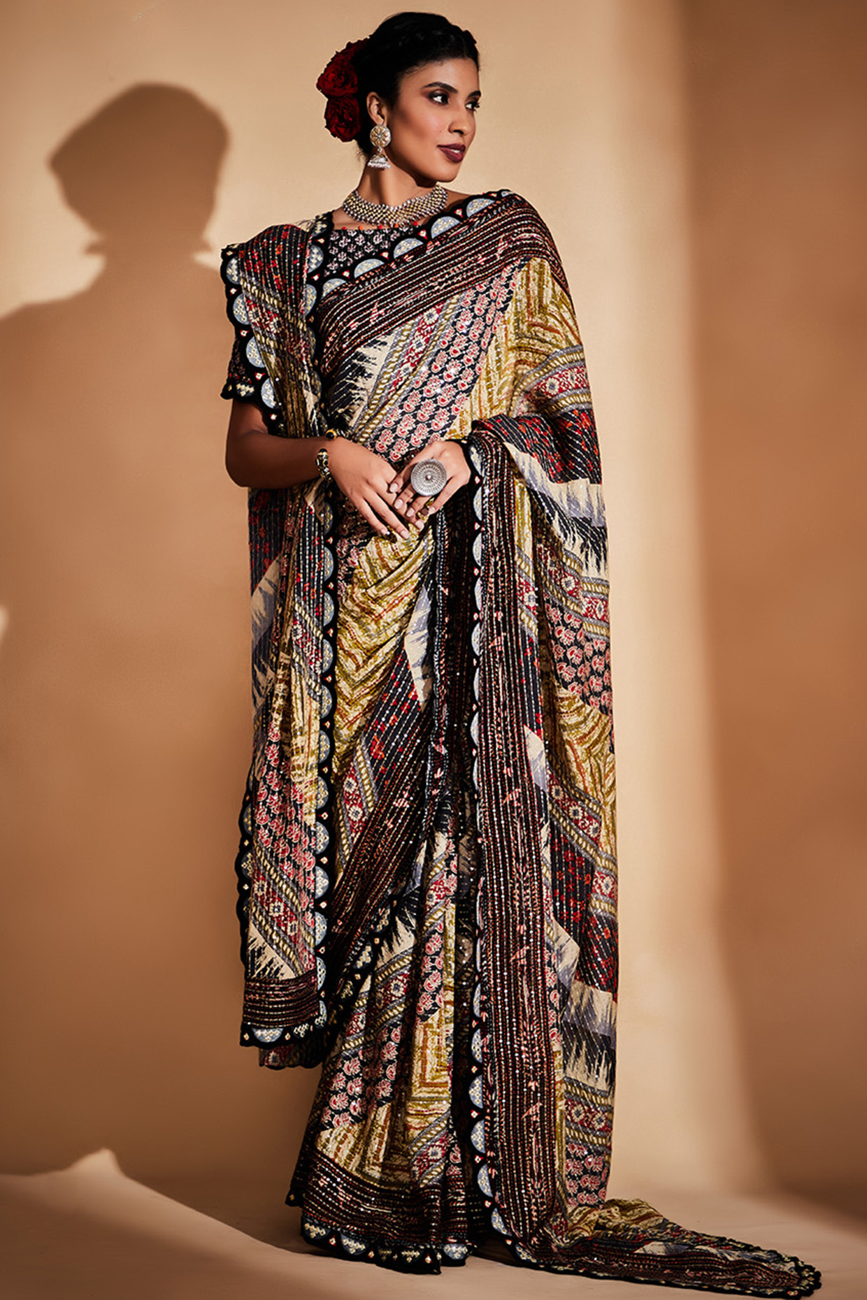Multi-Colored Printed & Embroidered Stole by Gulabo By Abu Sandeep