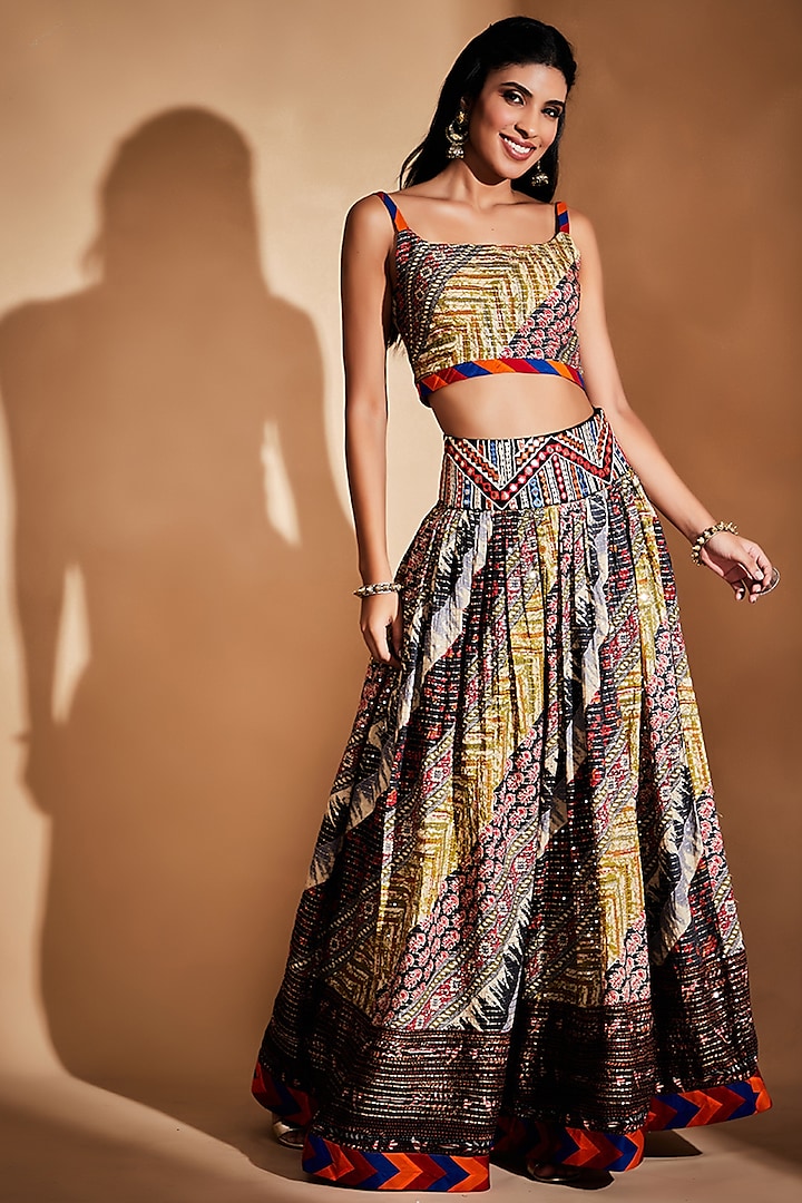 Multi-Colored Printed & Embroidered Crop Top by Gulabo By Abu Sandeep