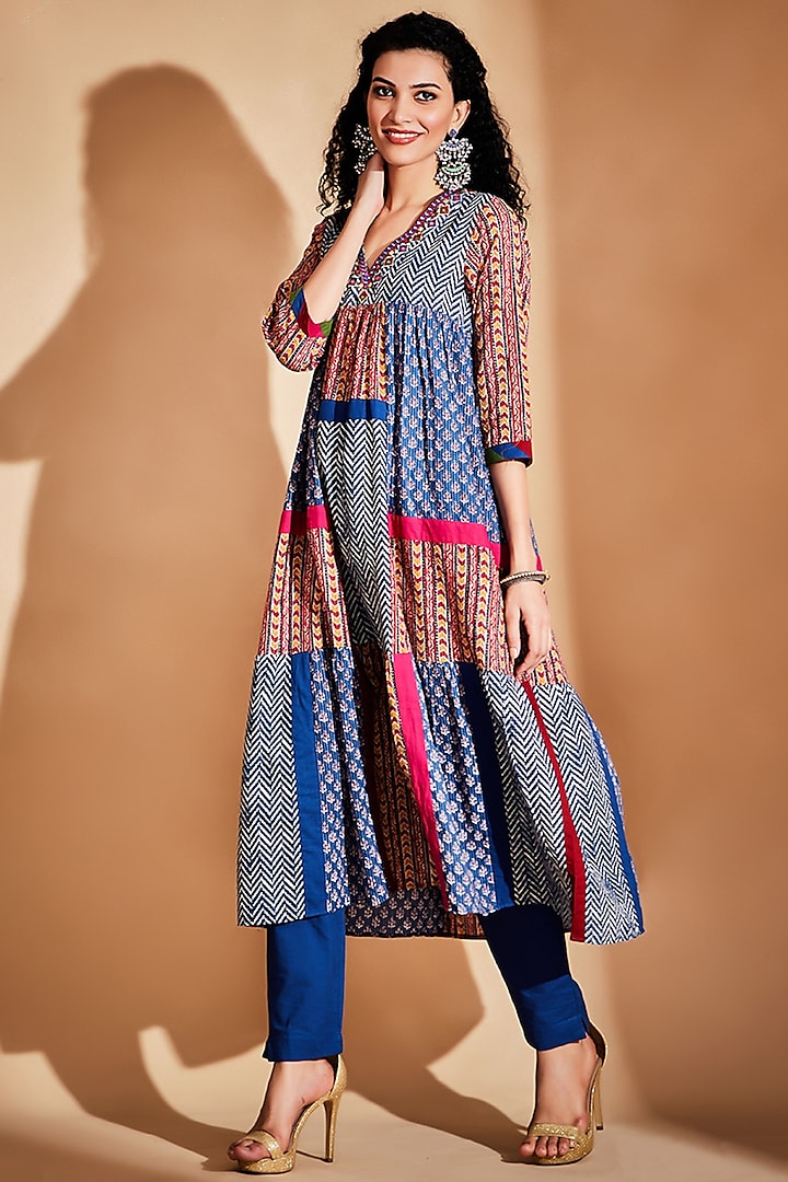 Multi-Colored Printed & Embroidered Tiered Tunic by Gulabo By Abu Sandeep