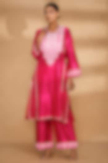 Pink Chanderi Straight Applique Work Pants by Gulabo By Abu Sandeep