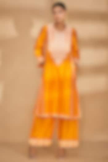 Orange Chanderi Straight Applique Work Pants by Gulabo By Abu Sandeep
