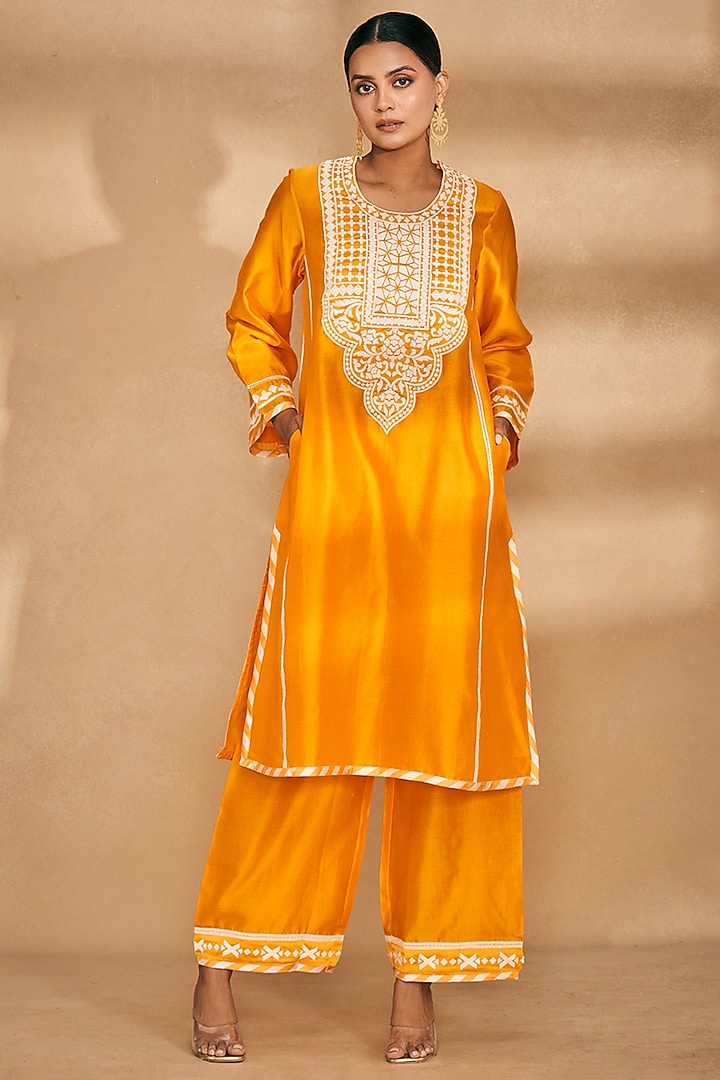 Orange Chanderi Straight Applique Work Pants by Gulabo By Abu Sandeep