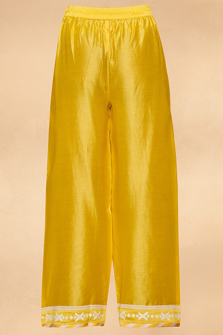 Yellow Chanderi Straight Applique Work Pants by Gulabo By Abu Sandeep at Pernia's Pop Up Shop