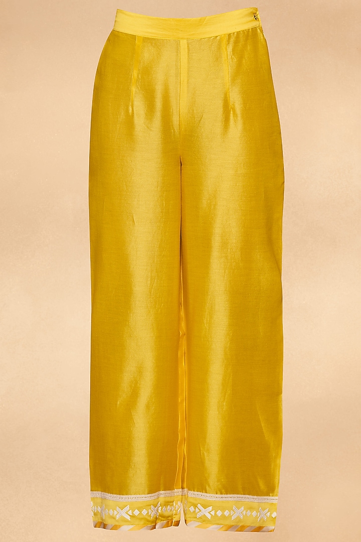 Yellow Chanderi Straight Applique Work Pants by Gulabo By Abu Sandeep at Pernia's Pop Up Shop