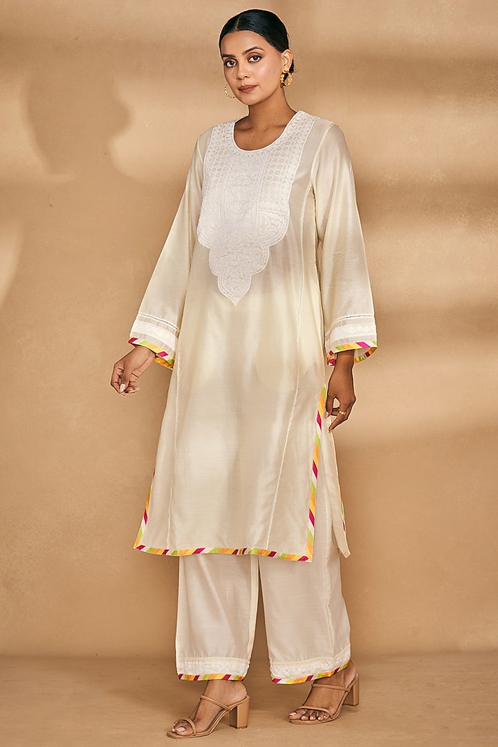 Off-White Chanderi Straight Applique Work Pants by Gulabo By Abu Sandeep
