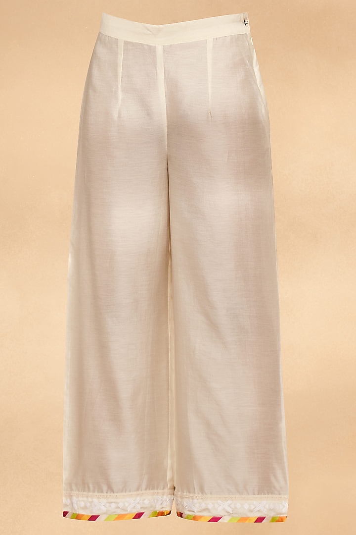 Off-White Chanderi Straight Applique Work Pants by Gulabo By Abu Sandeep at Pernia's Pop Up Shop