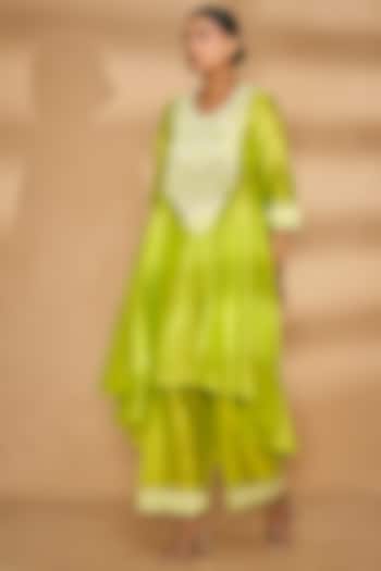 Lime Green Chanderi Straight Applique Work Pants by Gulabo By Abu Sandeep