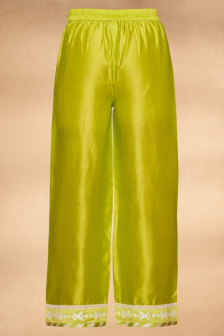 Lime Green Chanderi Straight Applique Work Pants by Gulabo By Abu Sandeep at Pernia's Pop Up Shop