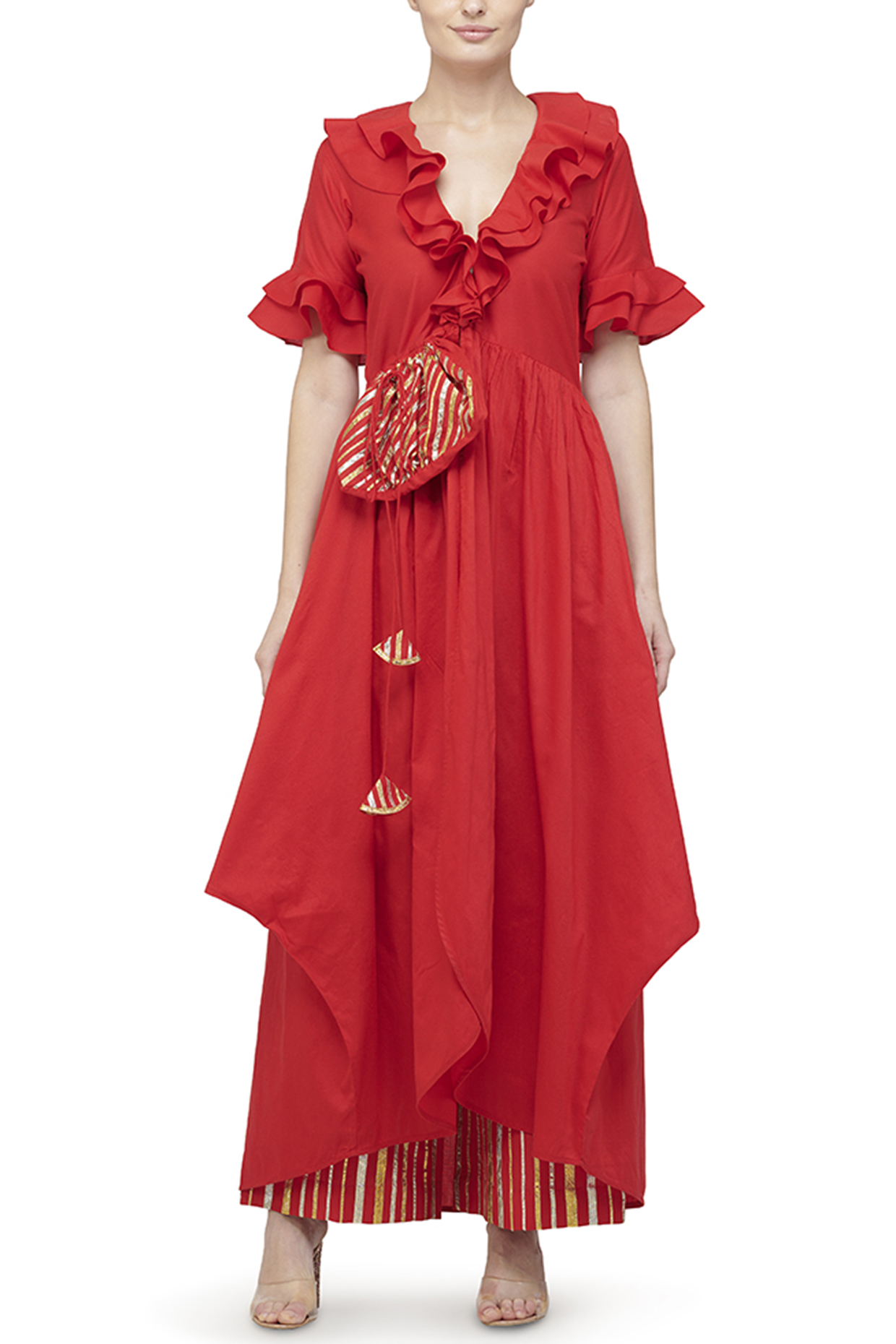 Bright Red Ruffle Tunic With Gota Potli by Gulabo By Abu Sandeep at Pernia's Pop Up Shop
