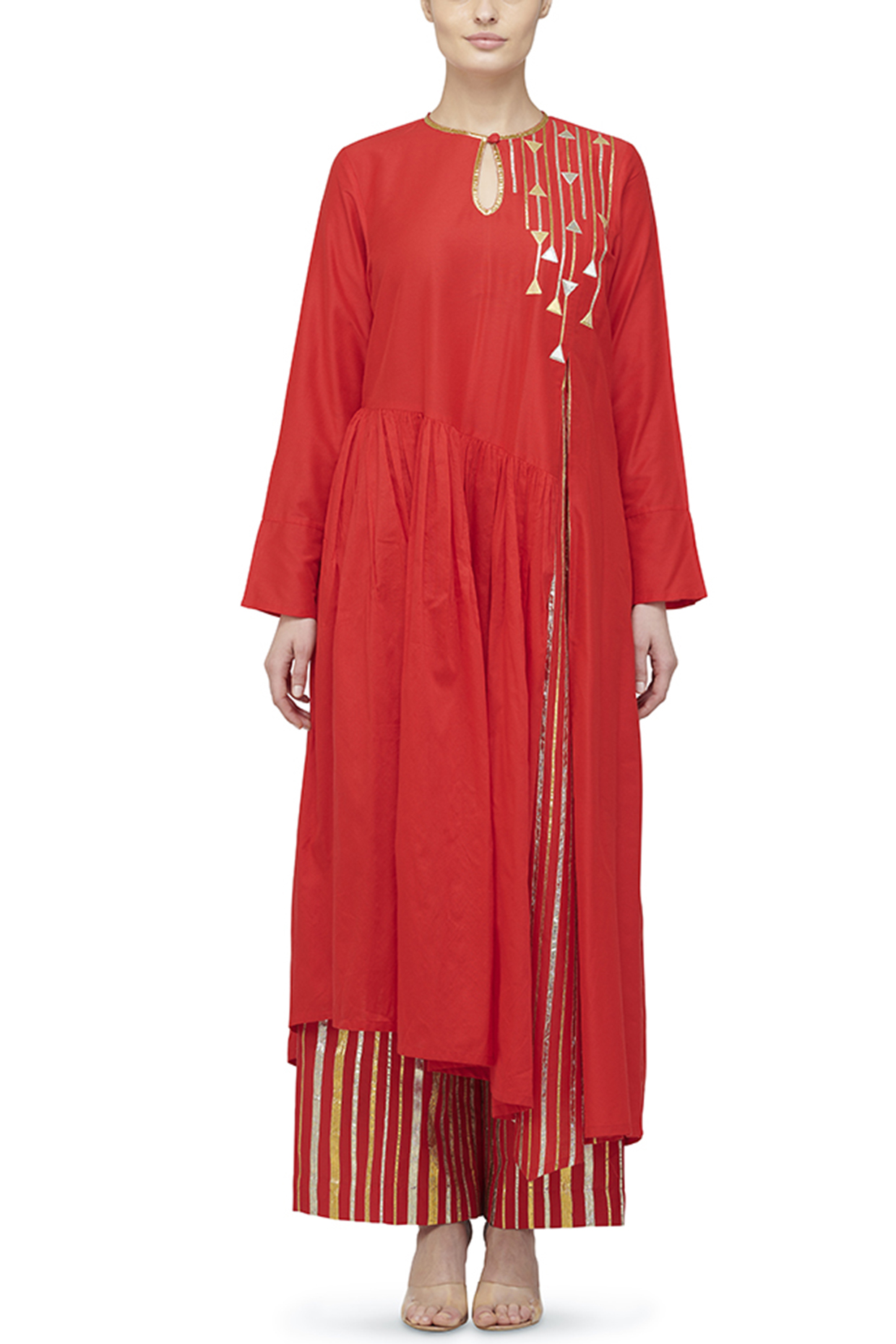 Bright Red Asymmetrical Embroidered Tunic by Gulabo By Abu Sandeep at Pernia's Pop Up Shop