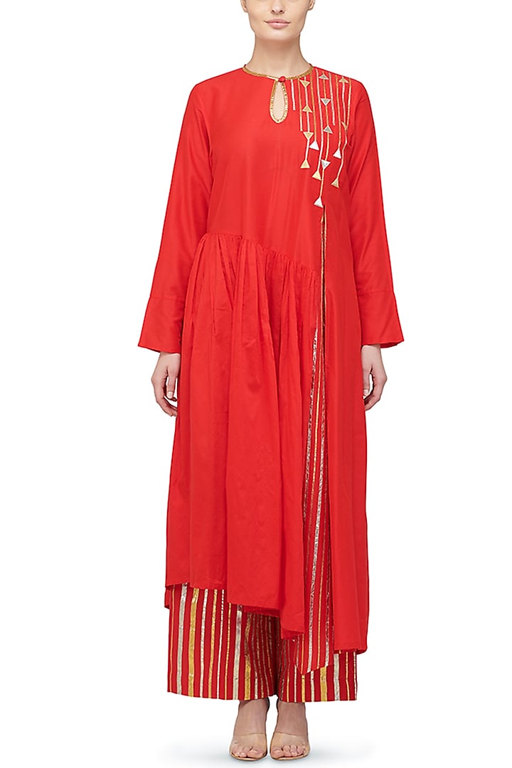 Bright Red Asymmetrical Embroidered Tunic by Gulabo By Abu Sandeep at Pernia's Pop Up Shop