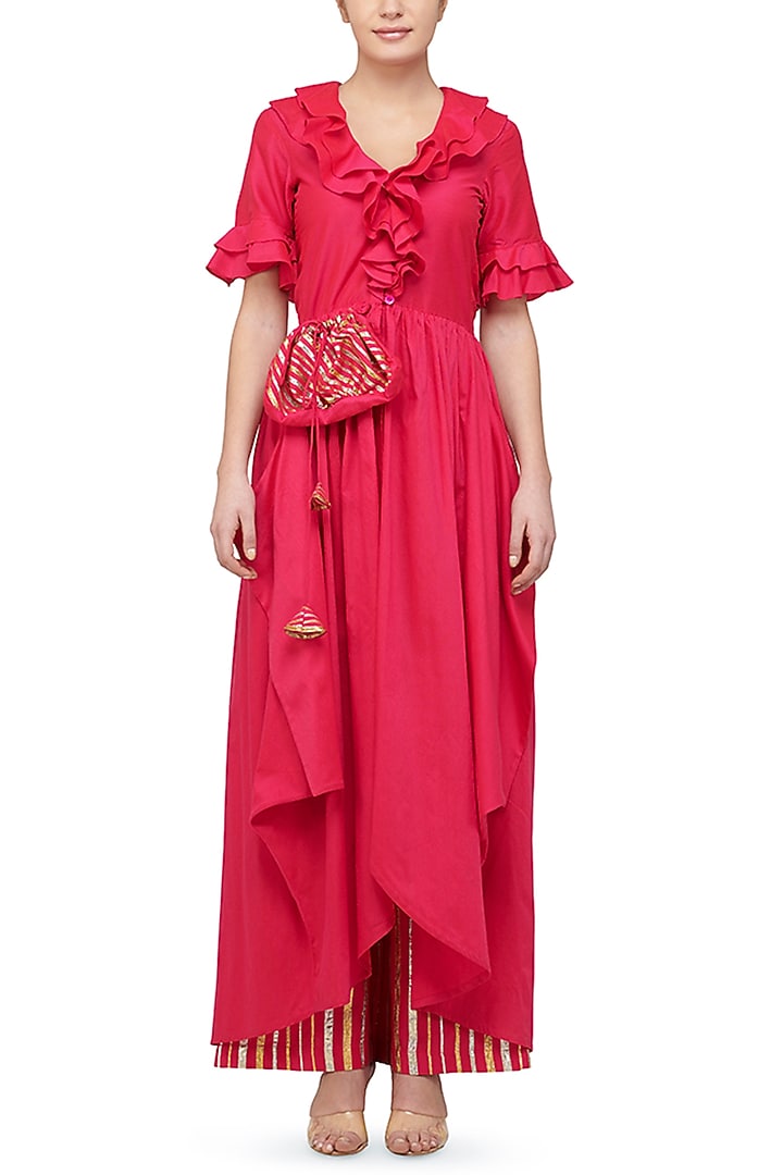 Bright Pink Ruffle Tunic With Gota Potli by Gulabo By Abu Sandeep at Pernia's Pop Up Shop