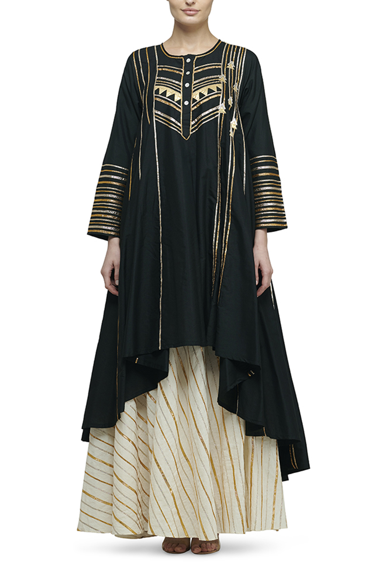Black Embroidered Asymmetrical Kurta by Gulabo By Abu Sandeep at Pernia's Pop Up Shop