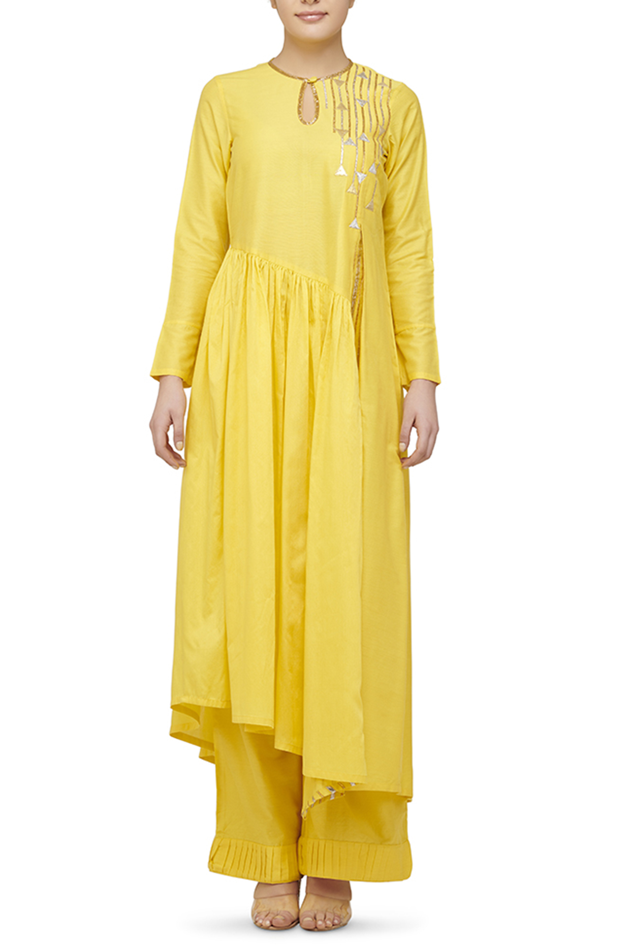 Yellow Embroidered Asymmetrical Kurta by Gulabo By Abu Sandeep at Pernia's Pop Up Shop