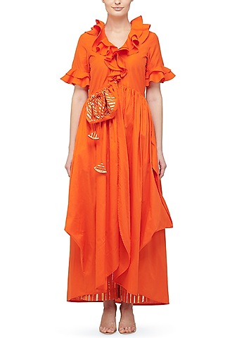 Orange Embroidered Ruffled Coat by Gulabo By Abu Sandeep