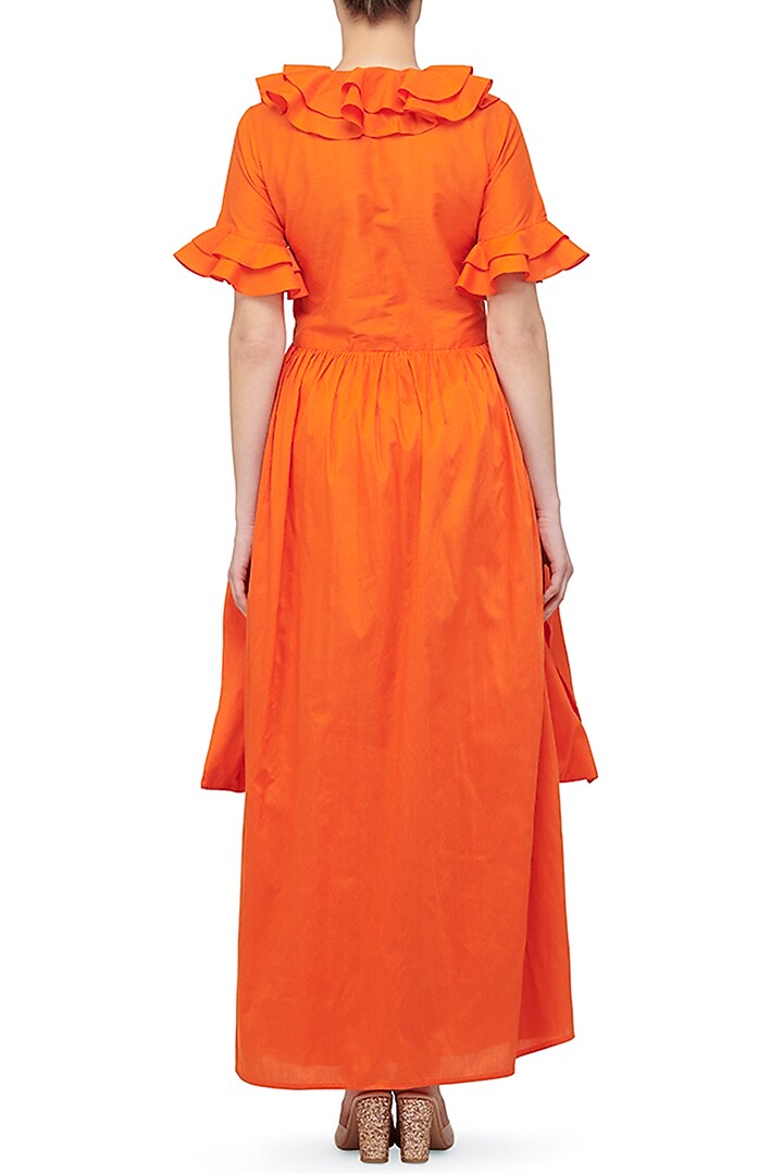 Orange Embroidered Ruffled Coat by Gulabo By Abu Sandeep at Pernia's Pop Up Shop