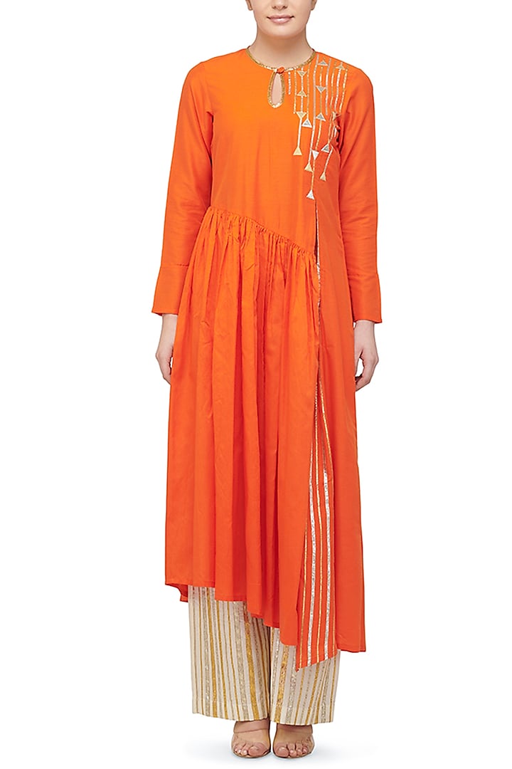 Orange Embroidered Asymmetrical Kurta by Gulabo By Abu Sandeep