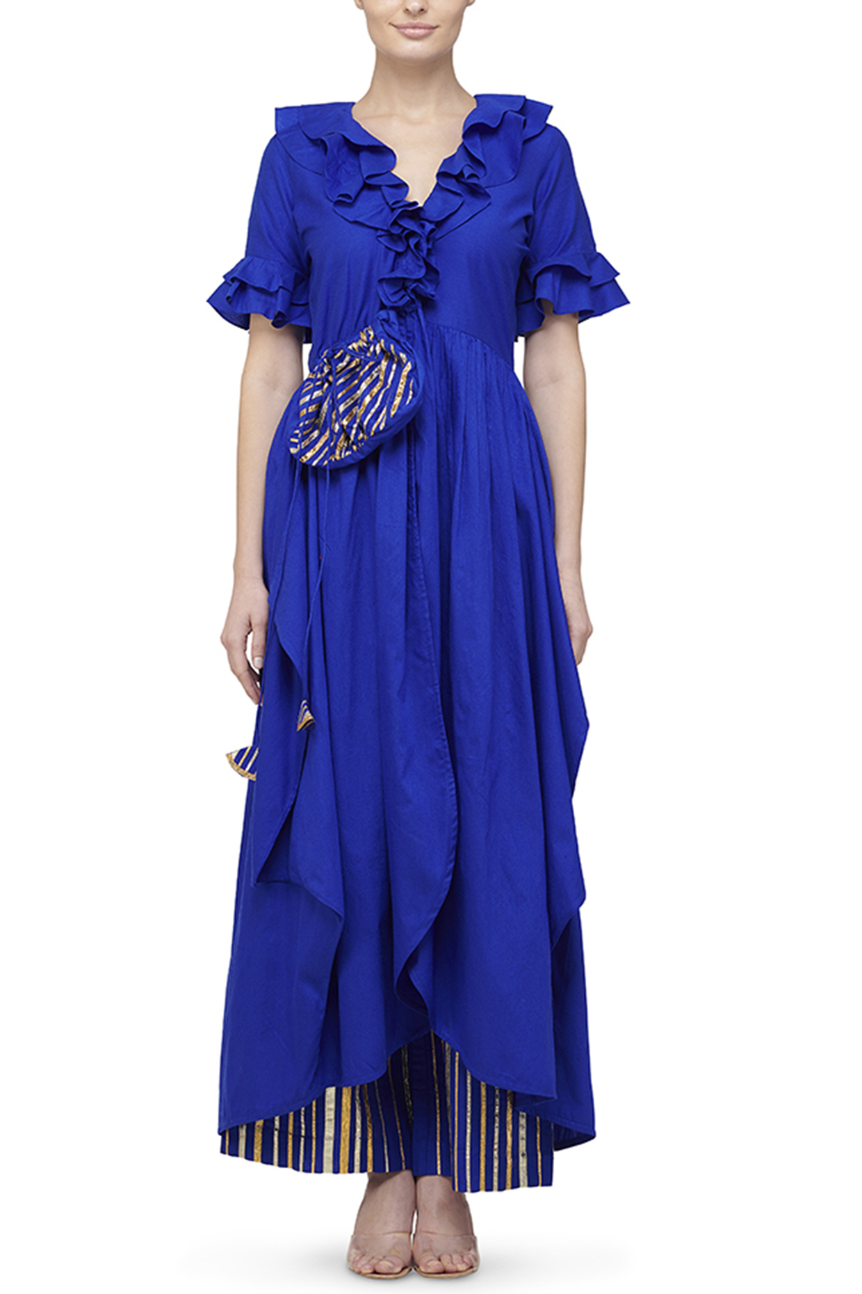 Cobalt Blue Ruffled Coat With Potli by Gulabo By Abu Sandeep at Pernia's Pop Up Shop