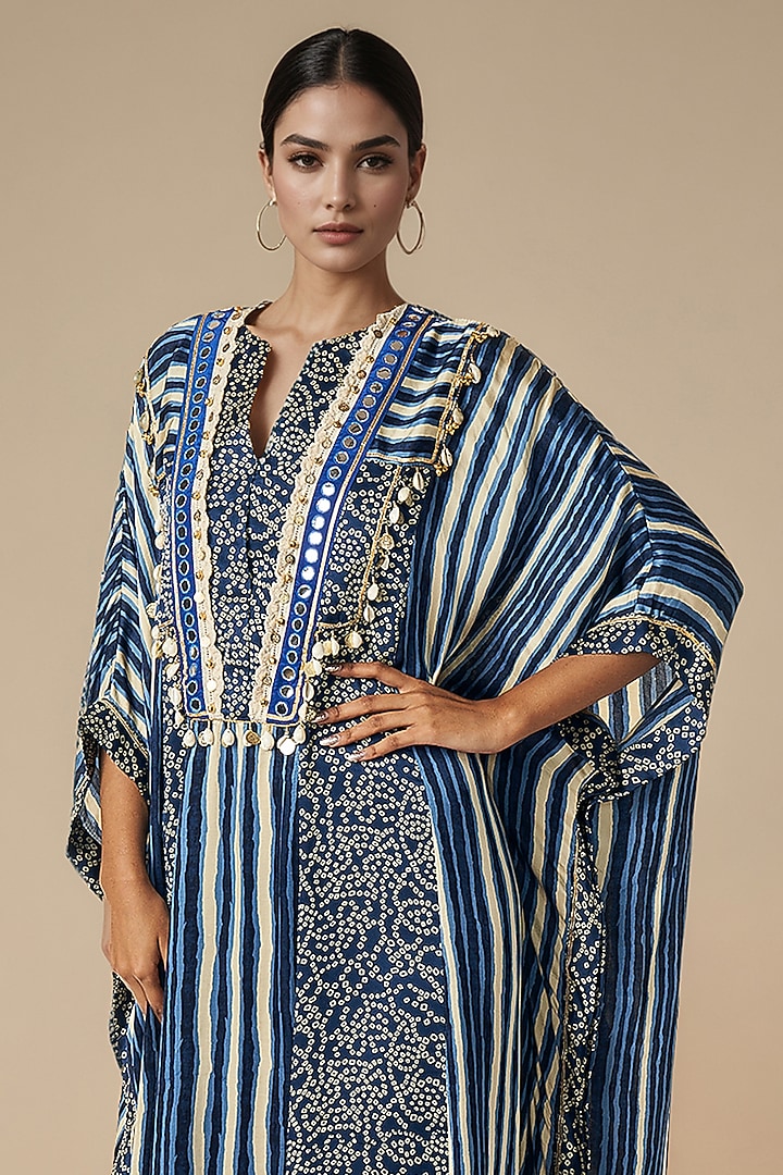 Blue Modal Satin Kaftan by Gulabo By Abu Sandeep at Pernia's Pop Up Shop