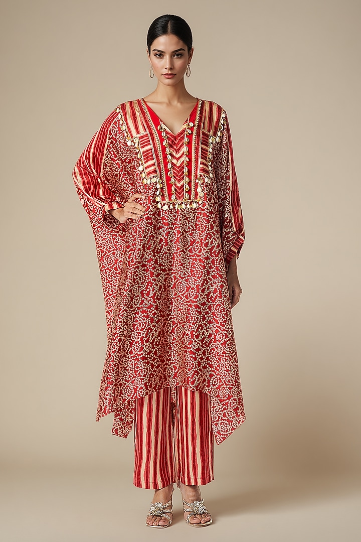 Maroon Modal Satin Kaftan Tunic by Gulabo By Abu Sandeep at Pernia's Pop Up Shop