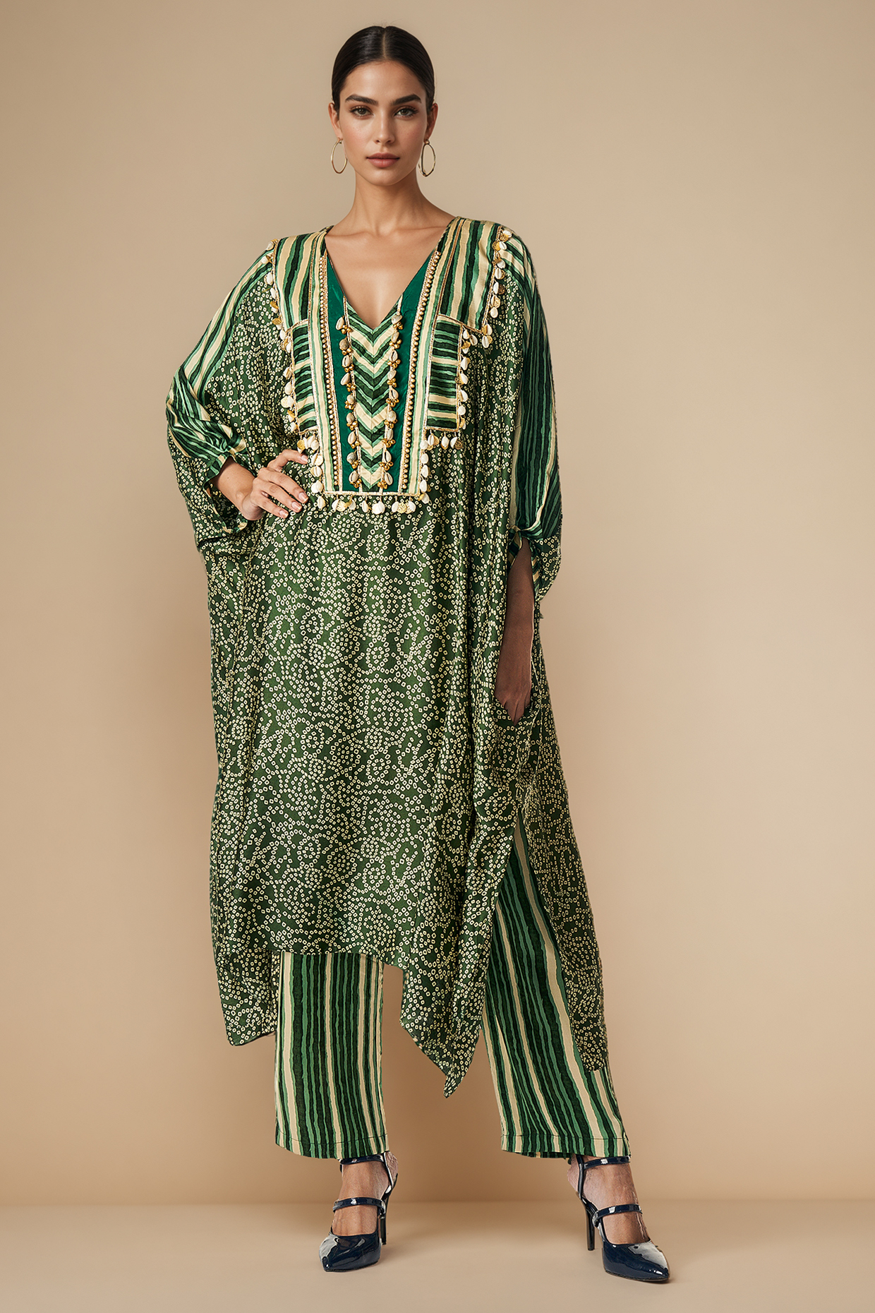 Olive Green Modal Satin Kaftan Tunic by Gulabo By Abu Sandeep at Pernia's Pop Up Shop