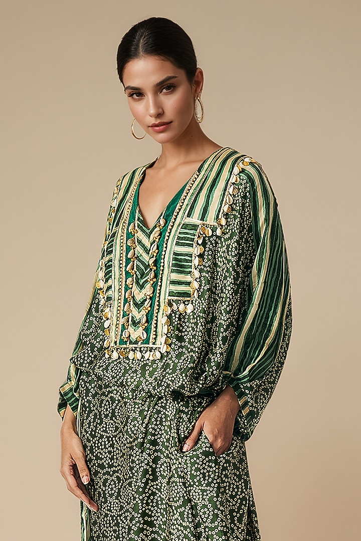 Olive Green Modal Satin Kaftan Tunic by Gulabo By Abu Sandeep at Pernia's Pop Up Shop