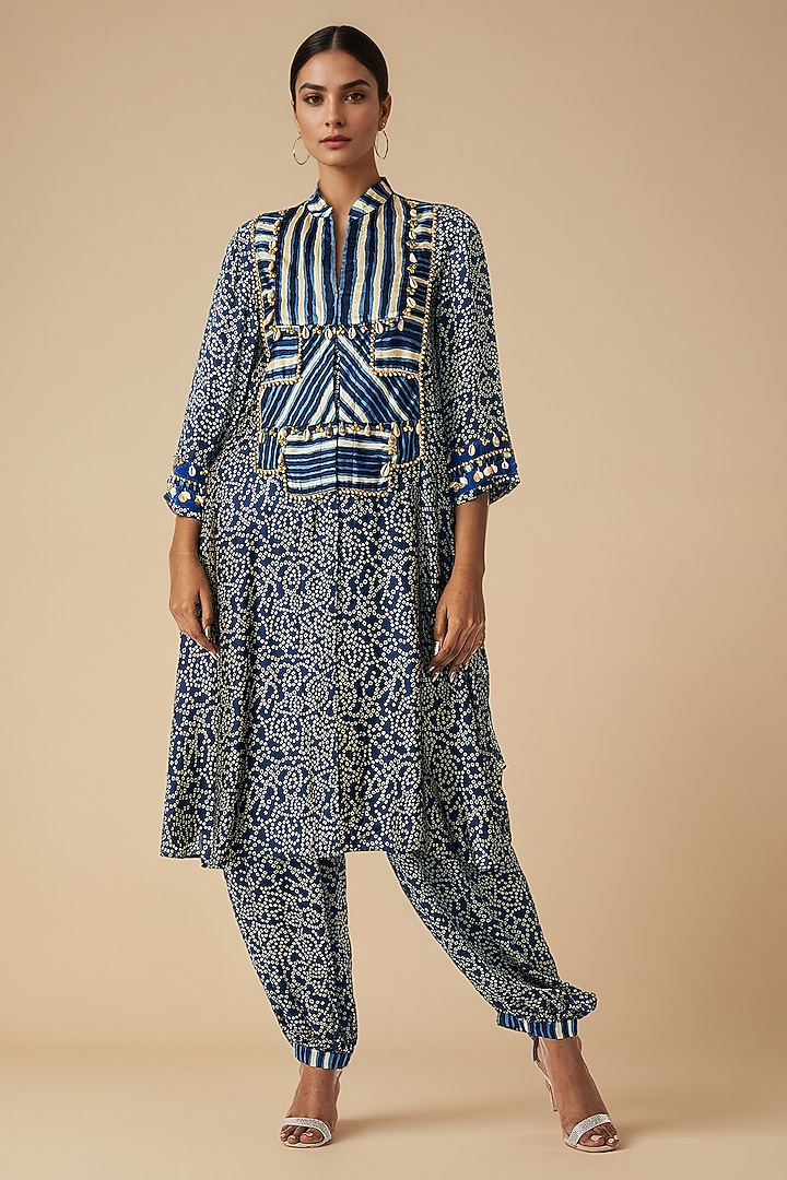 Blue Modal Satin Kurta by Gulabo By Abu Sandeep at Pernia's Pop Up Shop