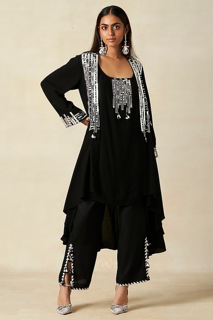 Black Rayon Coat With Slip by Gulabo By Abu Sandeep at Pernia's Pop Up Shop
