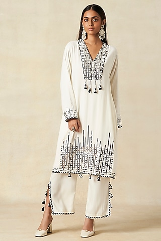 Off-White Rayon Straight Pants by Gulabo By Abu Sandeep