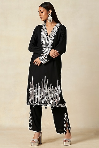Black Rayon Straight Pants by Gulabo By Abu Sandeep