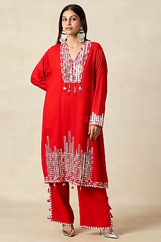 Red Rayon Straight Pants by Gulabo By Abu Sandeep