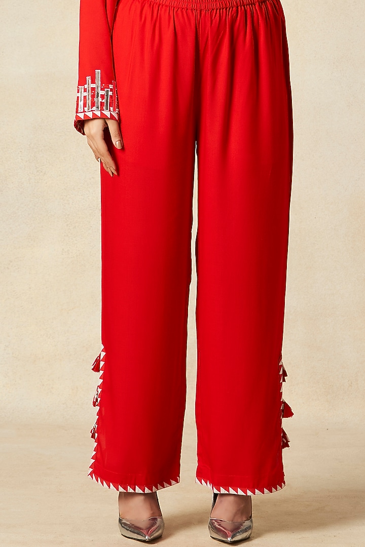 Red Rayon Straight Pants by Gulabo By Abu Sandeep at Pernia's Pop Up Shop
