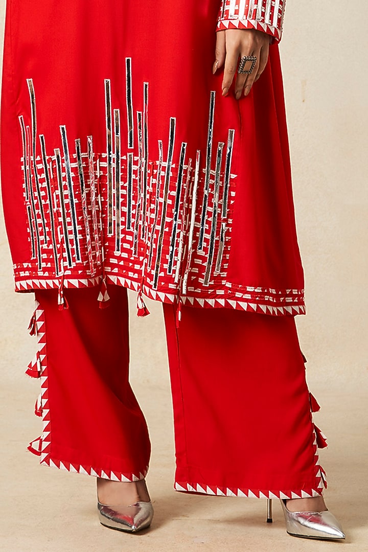 Red Rayon Straight Pants by Gulabo By Abu Sandeep at Pernia's Pop Up Shop