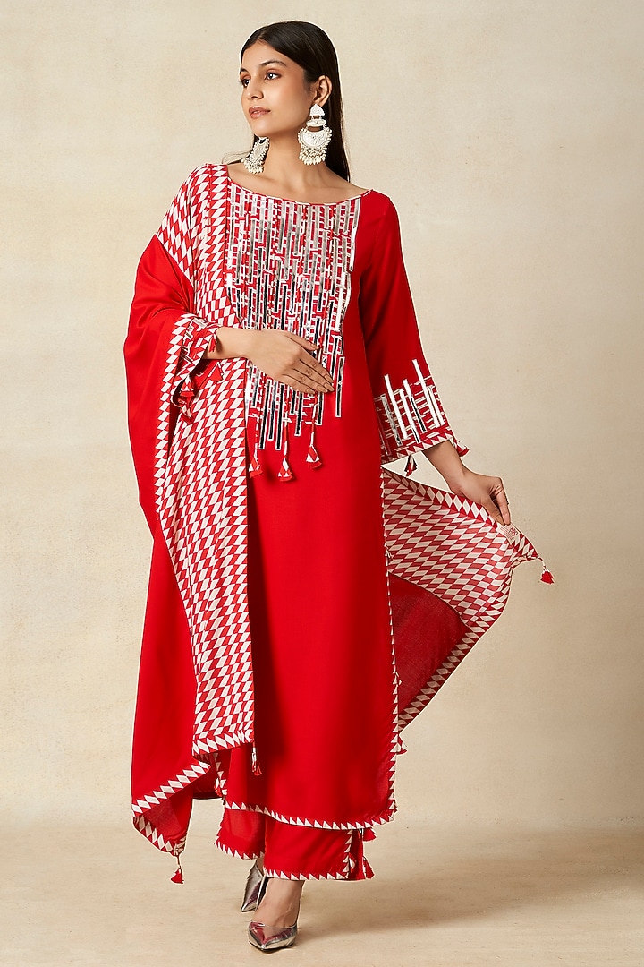 Red Rayon Stole by Gulabo By Abu Sandeep at Pernia's Pop Up Shop
